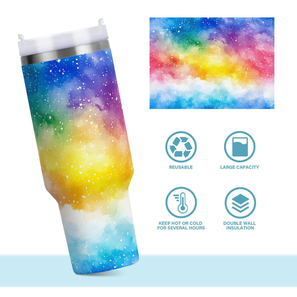 Ryvnso 40 oz Tumbler with Handle and Straw Rainbow Tie-dye Insulated Stainless Steel Travel Mug with Lid