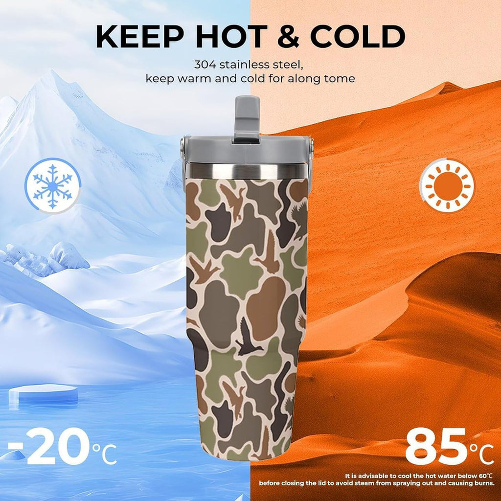 Stainless Steel Tumbler with Lid And Straw 30 Oz Top Handle Duck Hunting Camo Leakproof Vacuum Insulated Water Bottle for Car Travel