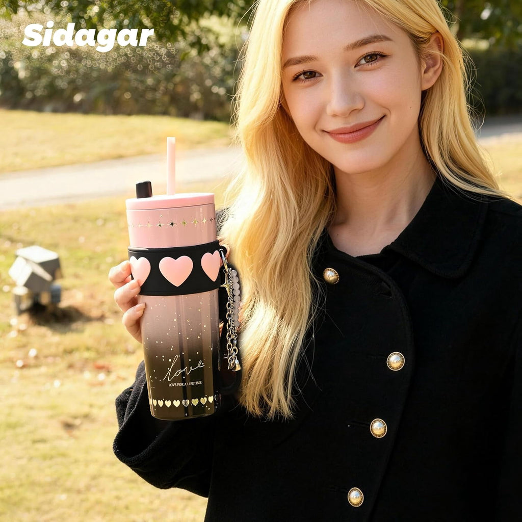 Sidagar 24oz Ceramic Coated Insulated Tumbler with Straw, Gift Travel Mug for Women and Couples, Pink