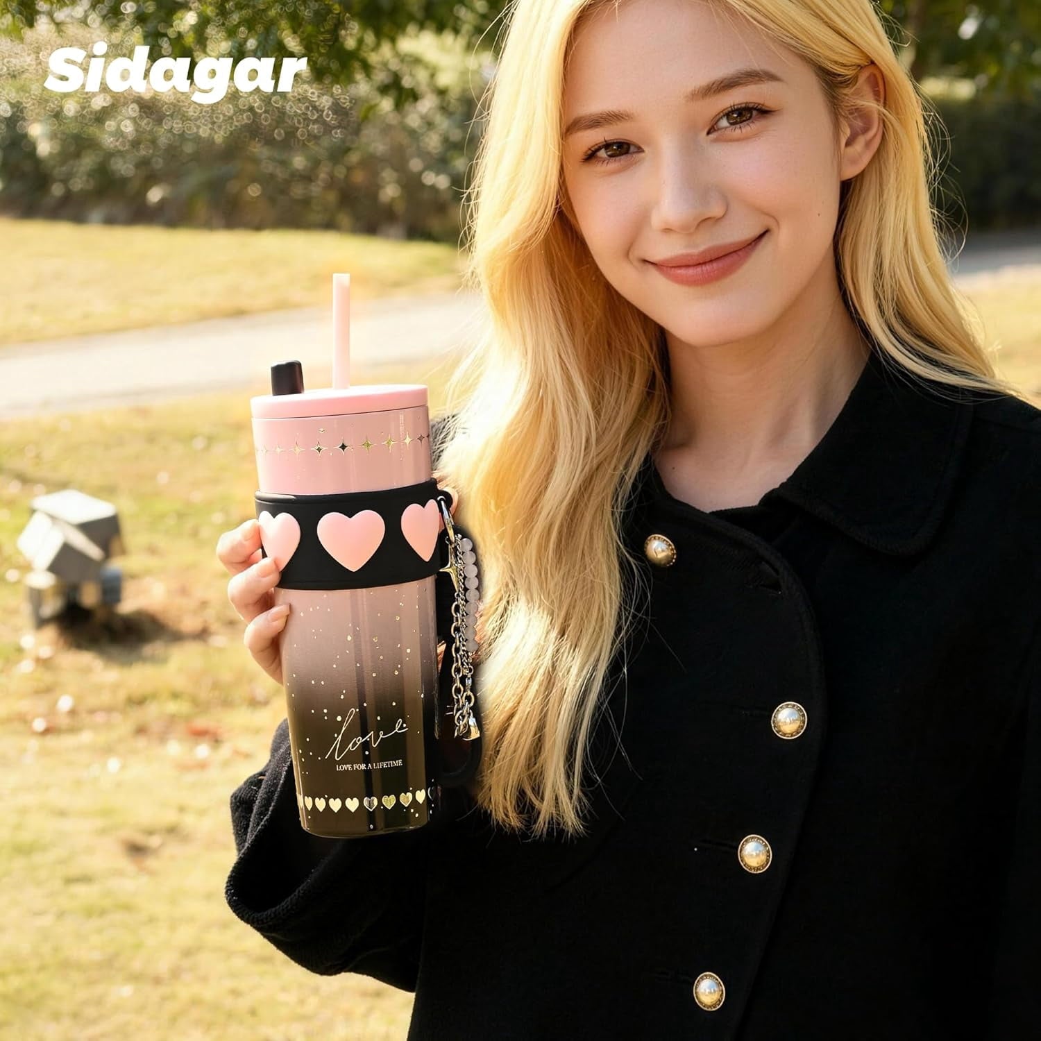 Sidagar 24oz Ceramic Coated Insulated Tumbler with Straw, Gift Travel Mug for Women and Couples, Pink