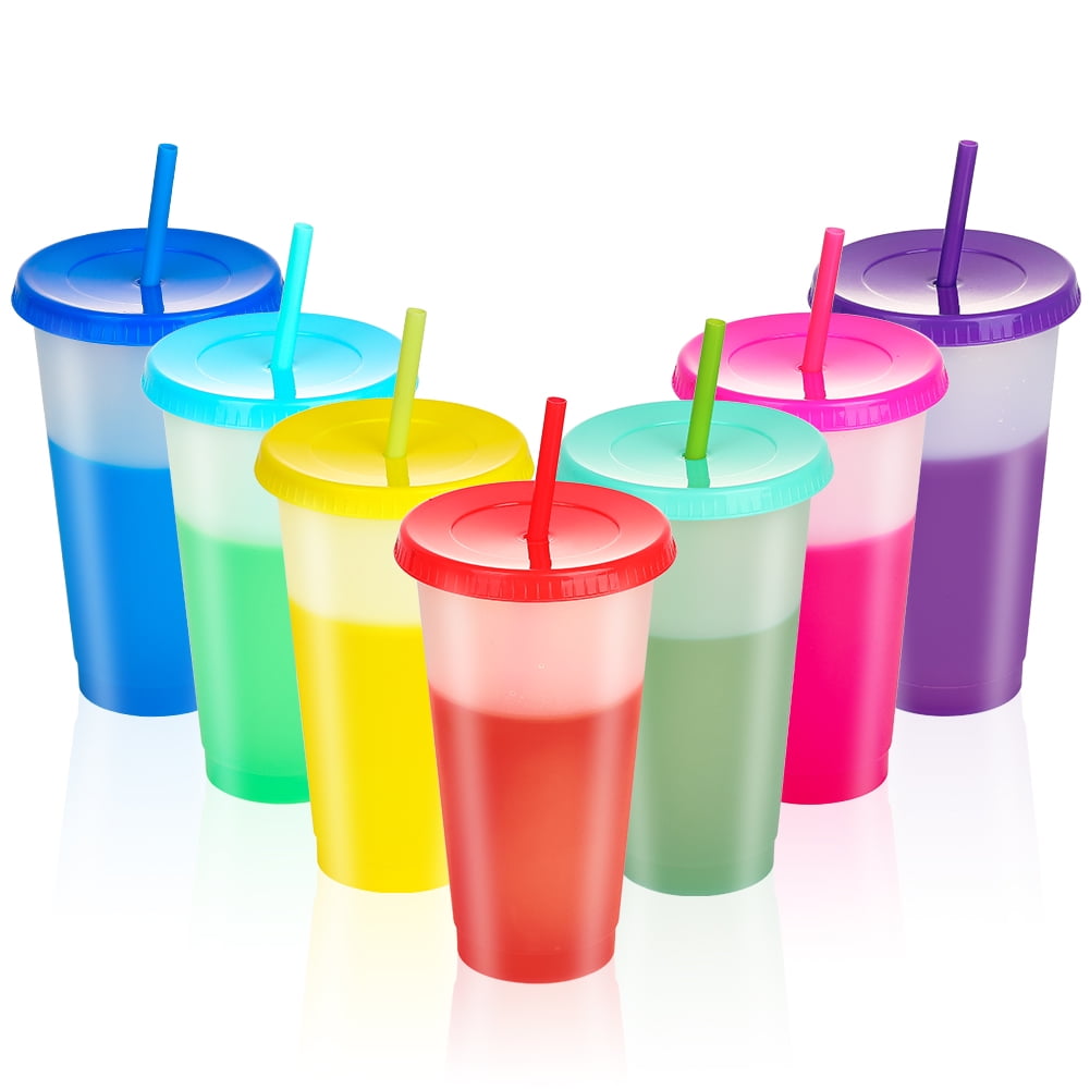 Triani 7 Pack Color Changing Plastic Tumblers- 24 oz Color Changing Cups with Lids and Straws - Reusable Summer Coffee Drinking Tumblers Cups for Kids & Adults, BPA Free