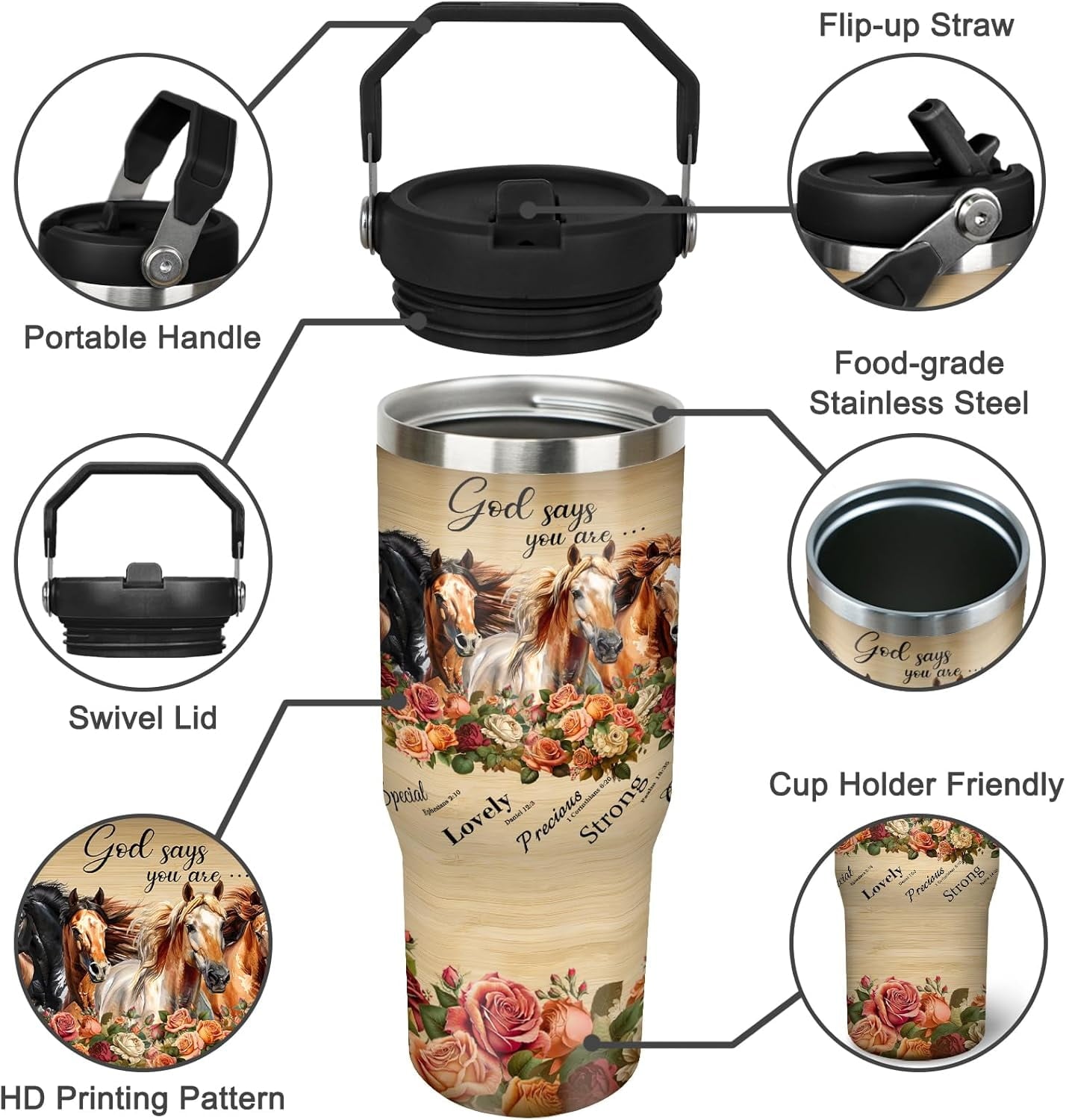30oz Horse Tumbler Cup with Handle, 30 OZ Christ Christian Horse Travel Coffee Mug Water Bottle Stainless Steel Vacuum Insulated, Horse Decor Stuff Gifts for Women Girls Horse Accessories
