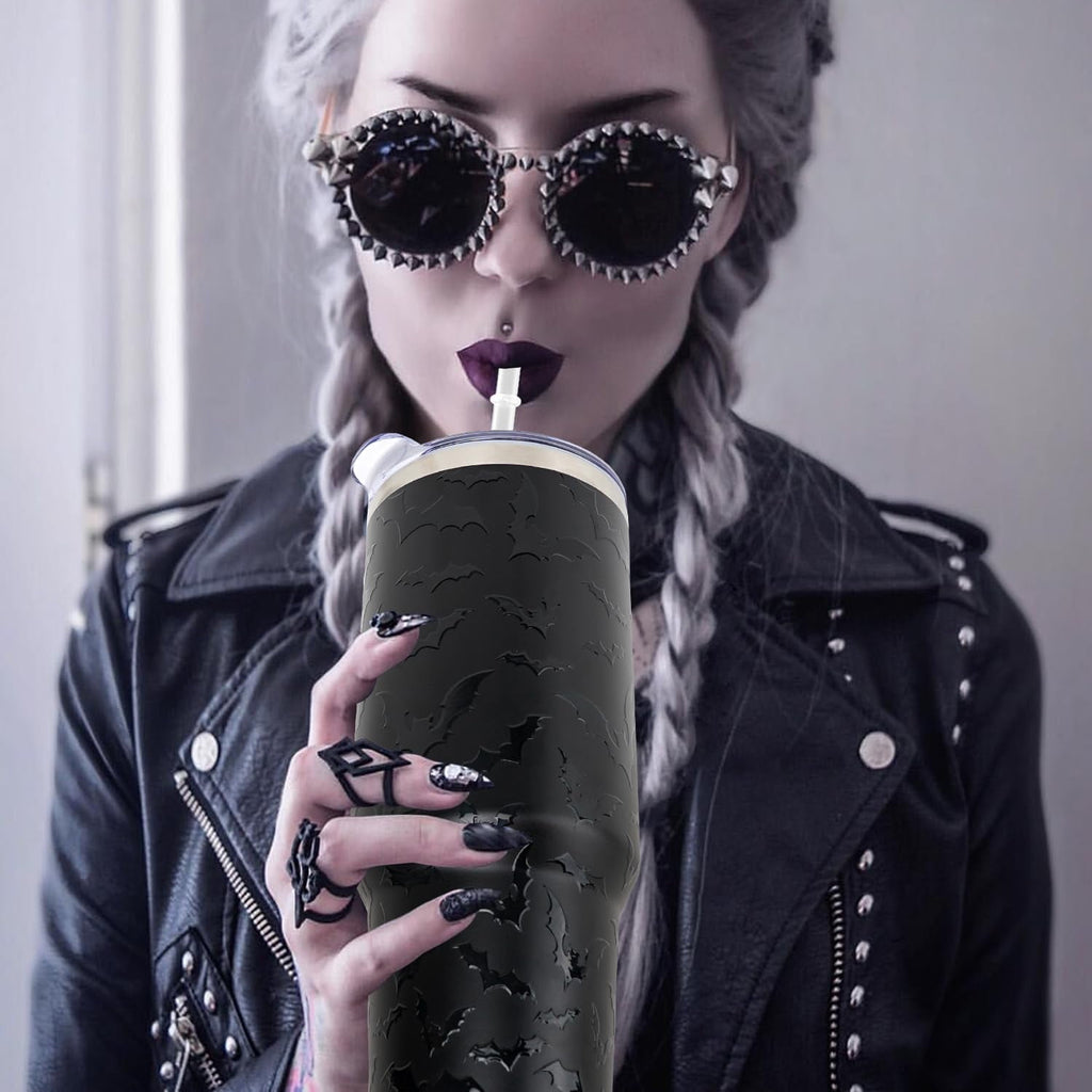 40 oz Halloween Tumbler with Lid and Straw - 5D Bat Print Tumblers with Handle Halloween Stainless Steel Insulated Travel Cup Black Coffee Cups Gifts for Women Men Adults