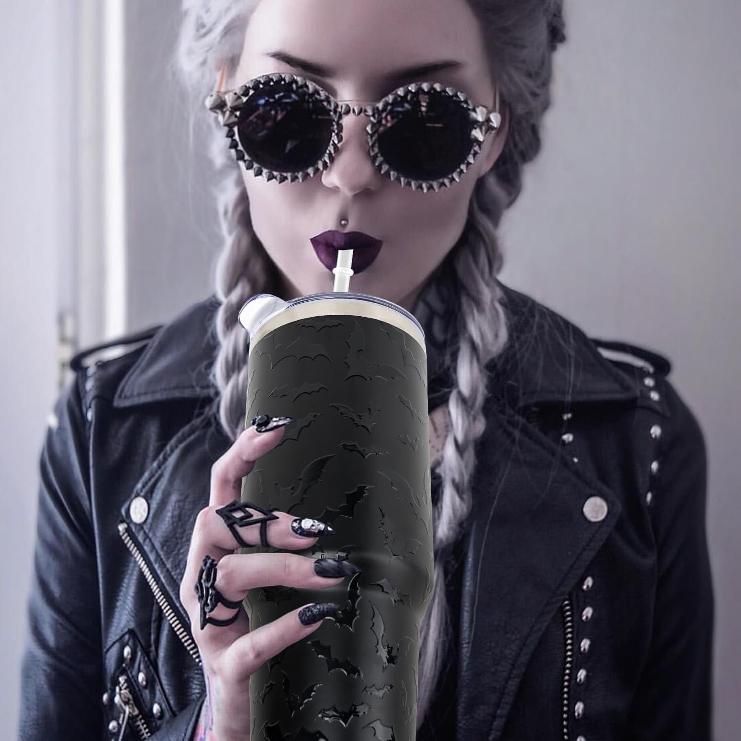 40 oz Halloween Tumbler with Lid and Straw - 5D Bat Print Tumblers with Handle Halloween Stainless Steel Insulated Travel Cup Black Coffee Cups Gifts for Women Men Adults