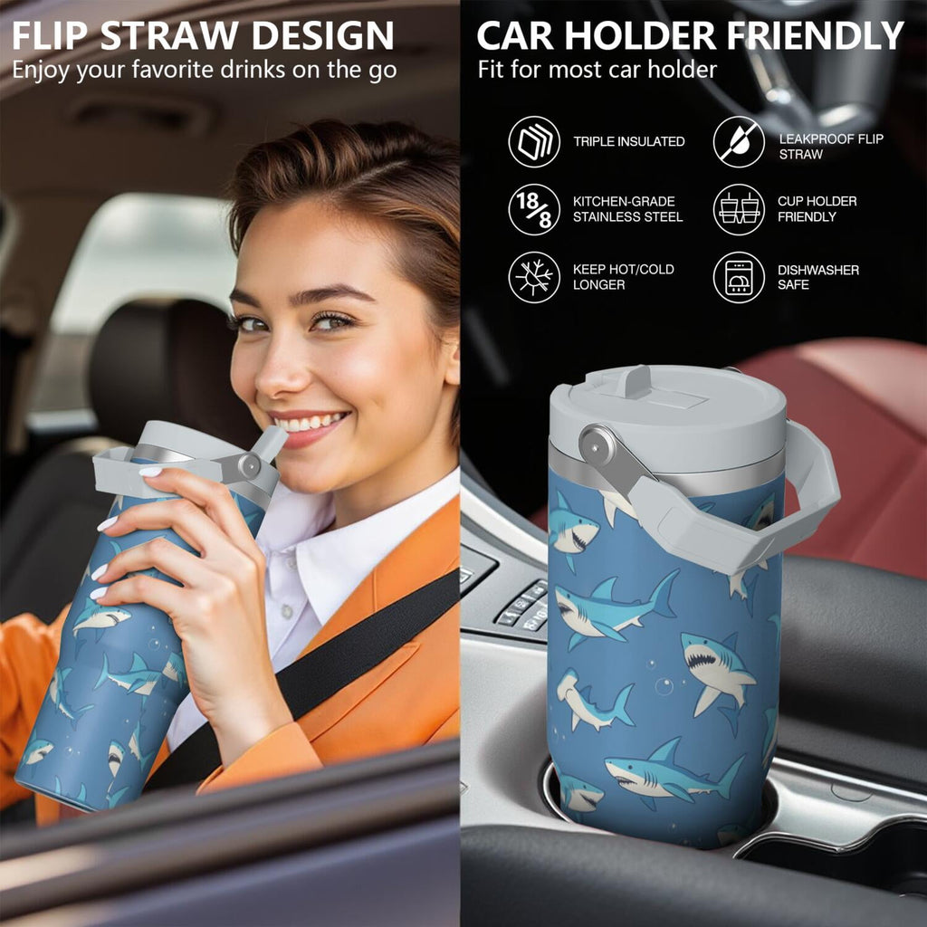 1pc shark 30oz Tumbler with Straw & Handle - Insulated Stainless Steel Cup | Holiday Gift for Man Women (Christmas, Valentine's, Birthday)