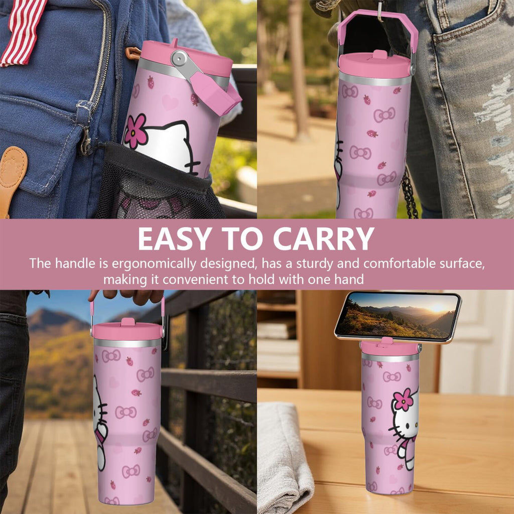 30oz Hello Kawaii Cat Cute Stainless Steel Tumbler with Lid and Straw,Spill Proof Travel Cup Double Wall Vacuum Insulated Coffee Mug with Top Handle Pink