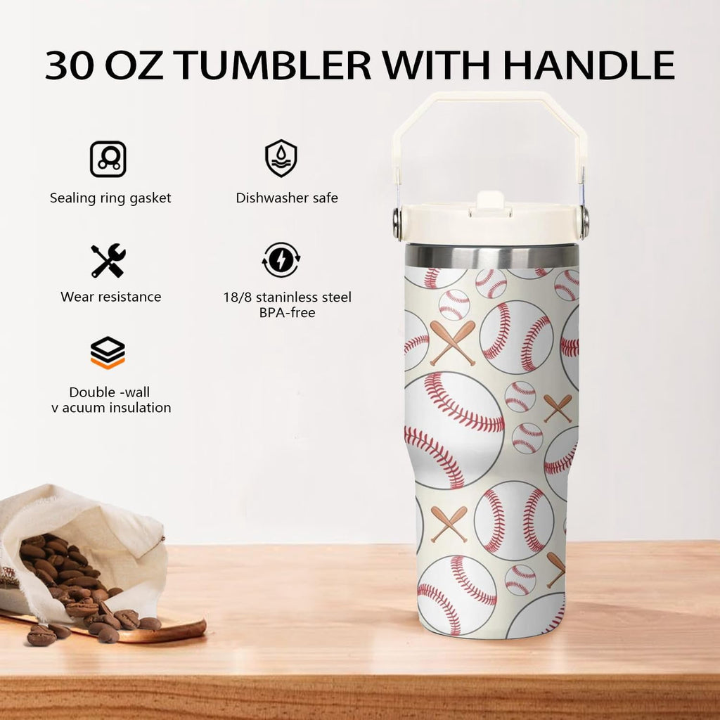 30 oz Baseball Coffee Mug Cup Vacuum Insulated Travel Tumbler with Handle Lid and Straw,Baseball Coach Gifts,Baseball Accessories Stuff
