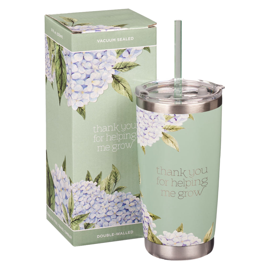 Thank You For Helping Me Grow Inspirational Travel Tumbler Mug for Teachers, Mentors, Mint/Cream, 18oz Double Wall Vacuum Insulated Stainless Steel, With Love