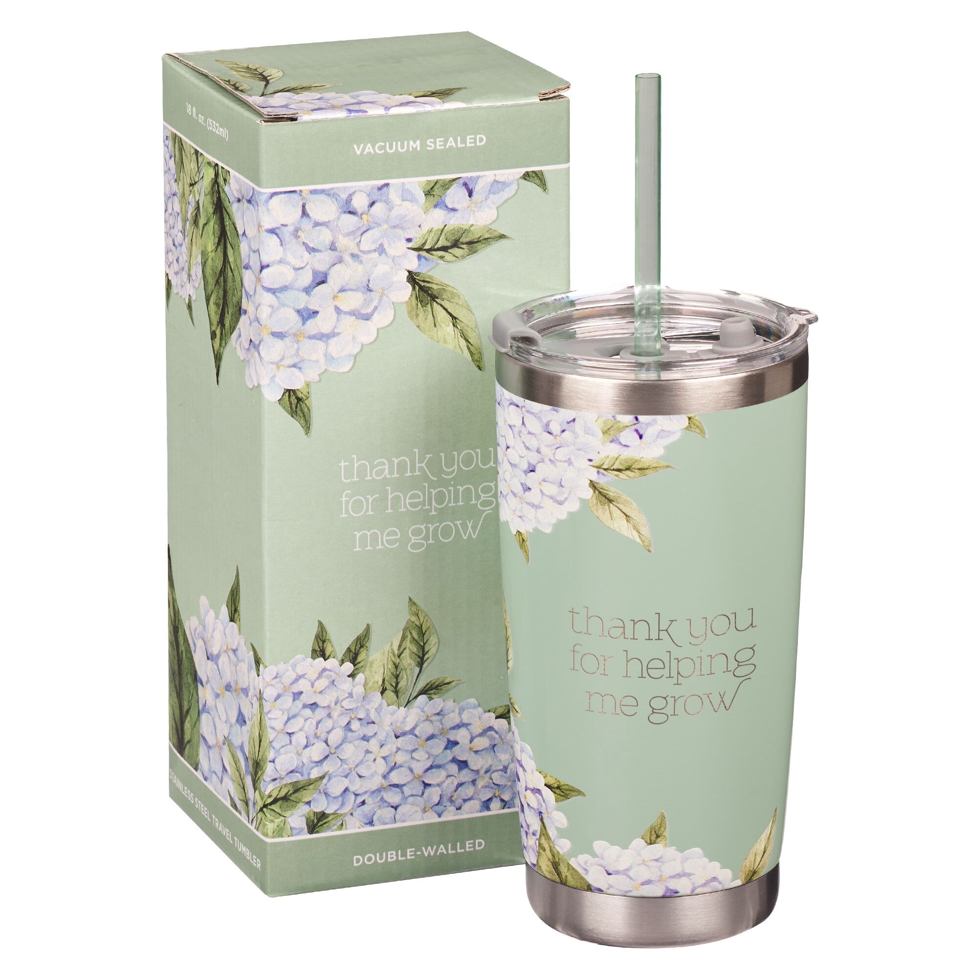 Thank You For Helping Me Grow Inspirational Travel Tumbler Mug for Teachers, Mentors, Mint/Cream, 18oz Double Wall Vacuum Insulated Stainless Steel, With Love