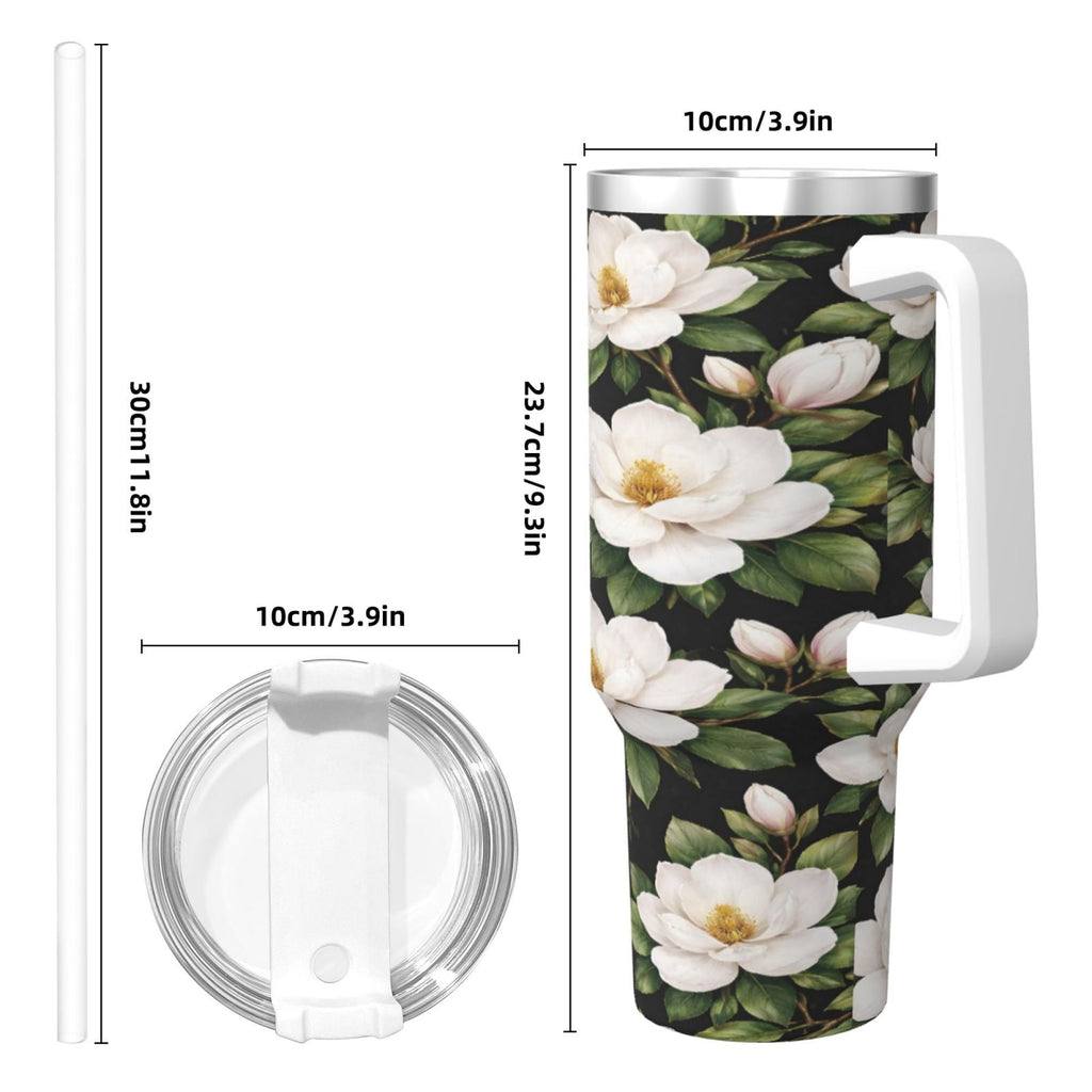 White Magnolia Floral Cup Insulated Tumbler Stainless Steel Vacuum Travel Mug 40 oz with Handle and Straw Lid