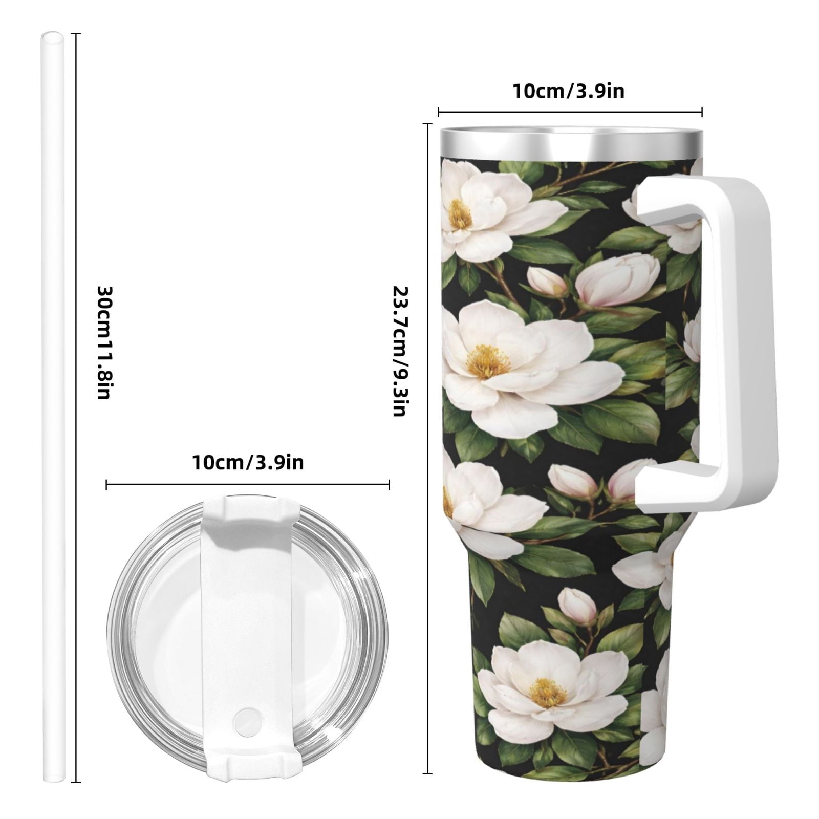 White Magnolia Floral Cup Insulated Tumbler Stainless Steel Vacuum Travel Mug 40 oz with Handle and Straw Lid