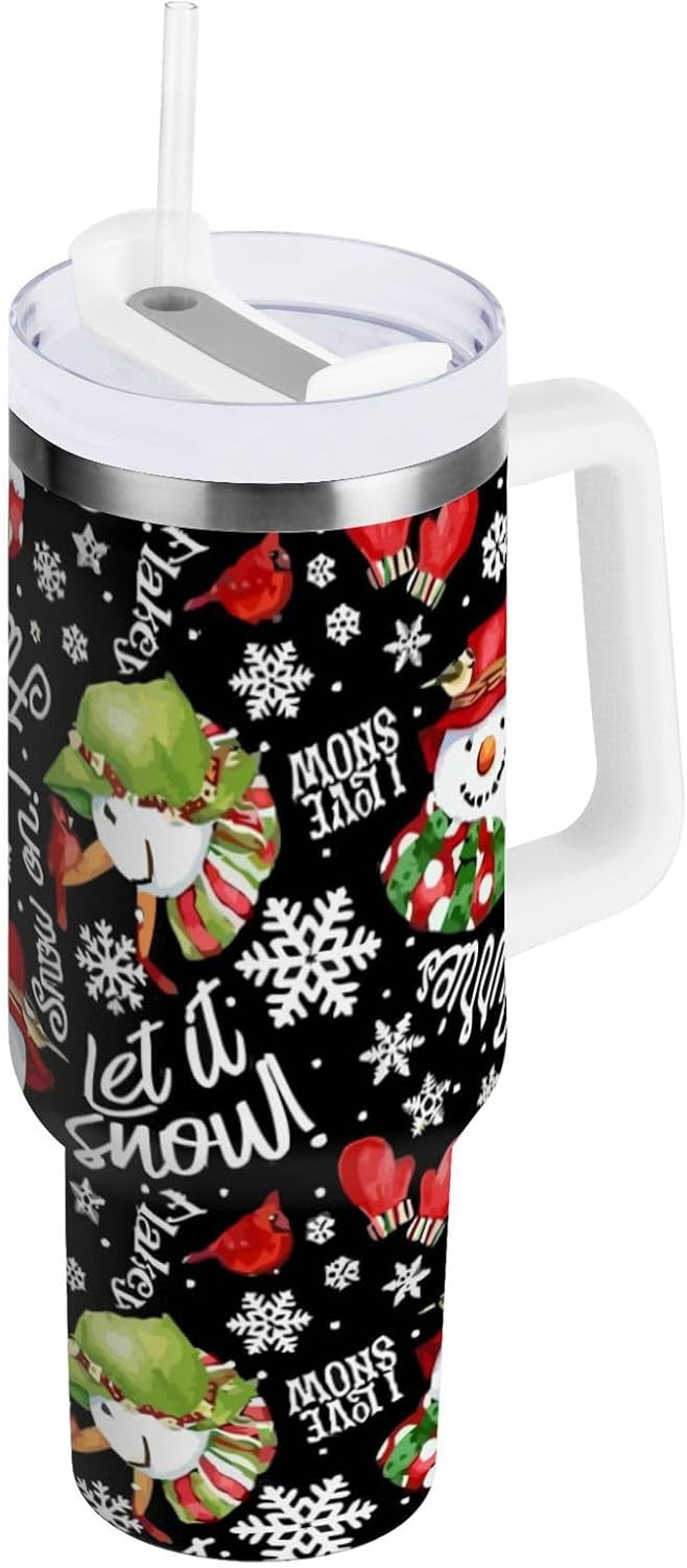 Let It Snow Tumbler Handle Lid and Straw I Love Christmas Water Bottle Stainless Steel Coffee Travel Tumbler Mug Cup Gifts for Men Women 40oz