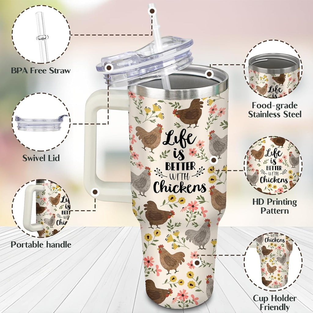 30 oz Chicken Tumbler with Handle and Straw, Floral Rooster Stainless Steel Vacuum Insulated Travel Coffee Mug Cup Water Bottle, Chicken Stuff Accessories Decor, Rooster Gifts for Women Girls