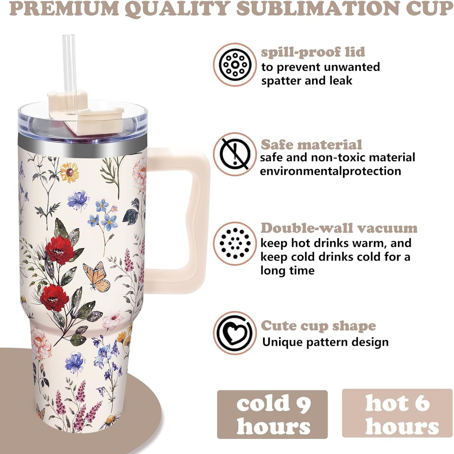 Vintage Wildflower Tumbler with Handle Lid Straw 40 Oz Spring Floral Stainless Steel Cup Retro Colorful Flower Travel Mug Iced Coffee Hot Drink Tumbler for Women Girls Gifts Party Favor