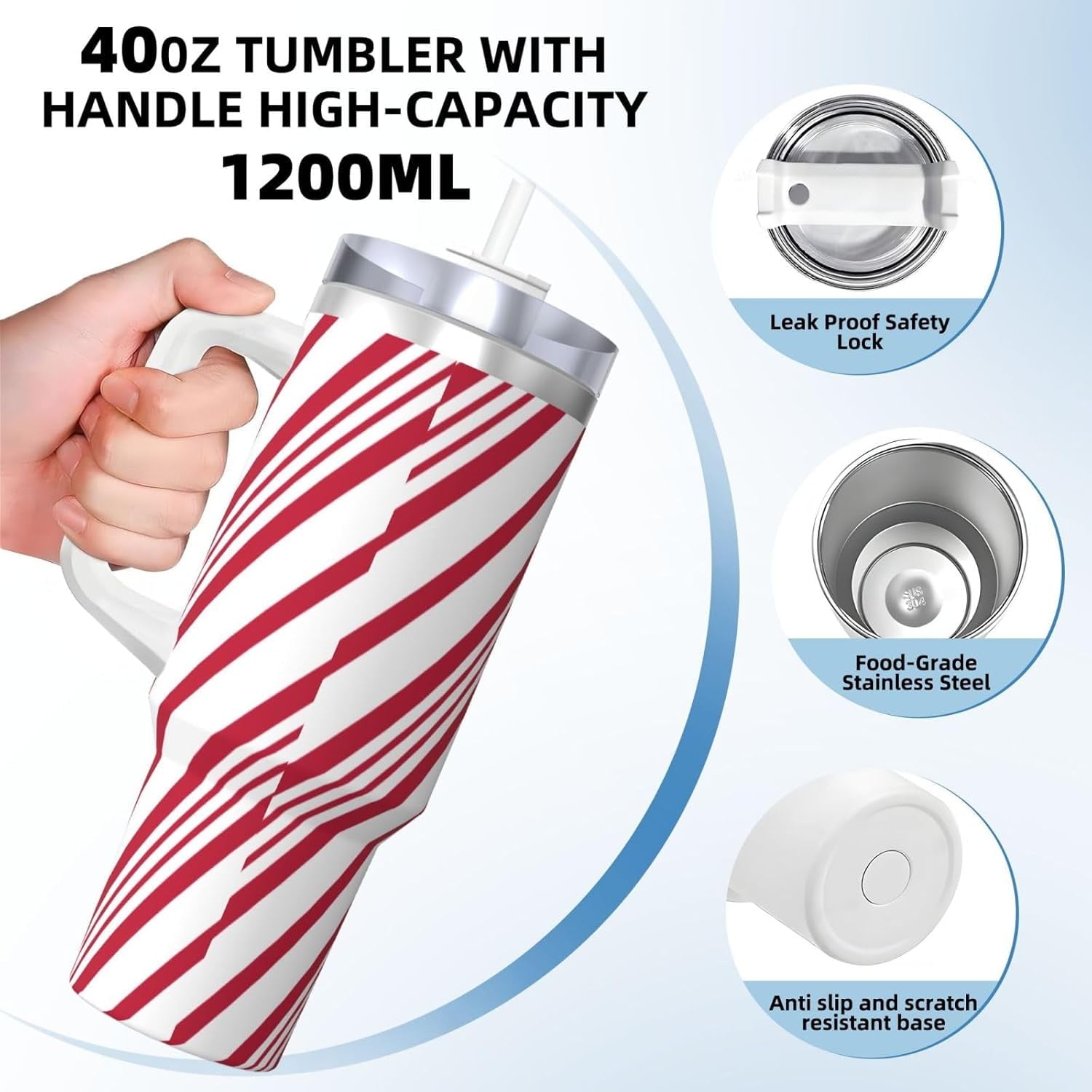 Christmas Candy Cane Stripe 40oz Tumbler With Handle And Straw, Insulated Cup Reusable Stainless Steel Water Bottle Travel Mug