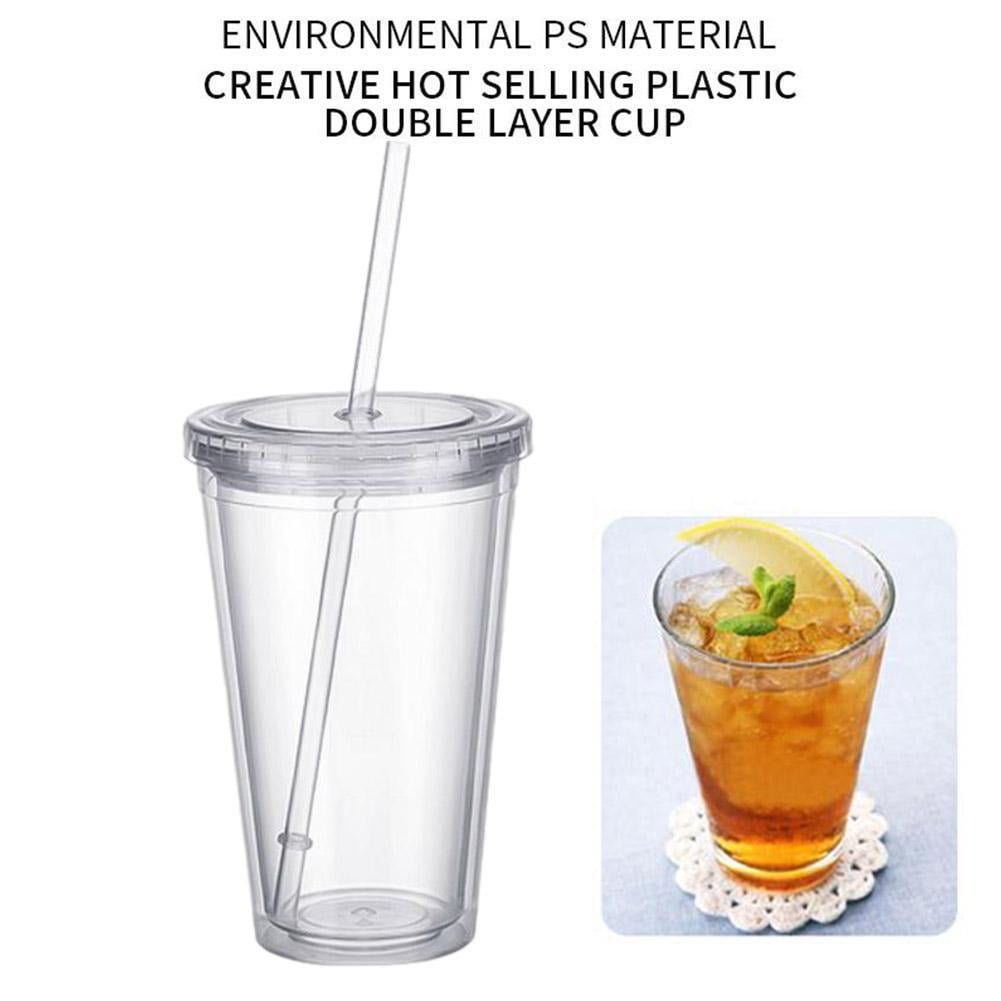 5PCS Double Wall Clear Plastic Tumbler with Lid and Straw, 17oz Reusable Cup for Adults, BPA-Free Cold Drink Glass for Smoothies Iced Coffee, Travel Cup