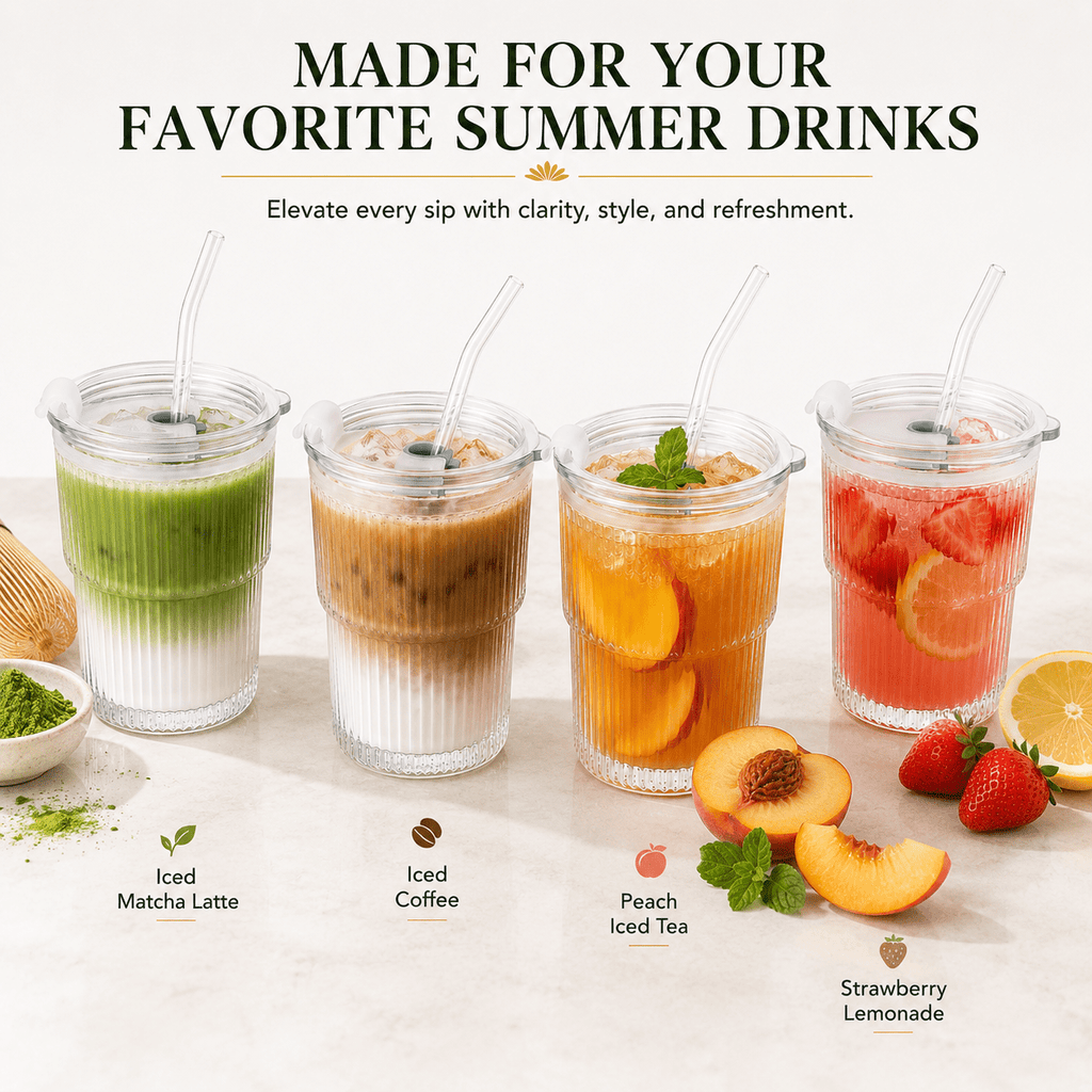 14 oz Ribbed Glass Tumblers with Lids and Glass Straws – 4-Piece Glassware Set, Thickened Wall, Ideal for Iced Coffee, Smoothies, Cocktails, and Juices – Elegant and Durable Drinkware