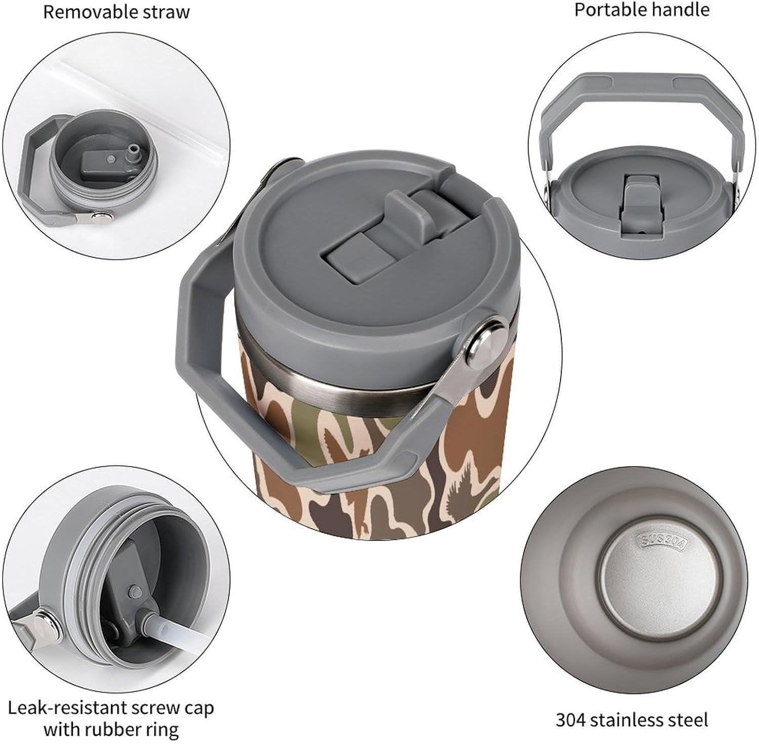 Stainless Steel Tumbler with Lid And Straw 30 Oz Top Handle Duck Hunting Camo Leakproof Vacuum Insulated Water Bottle for Car Travel
