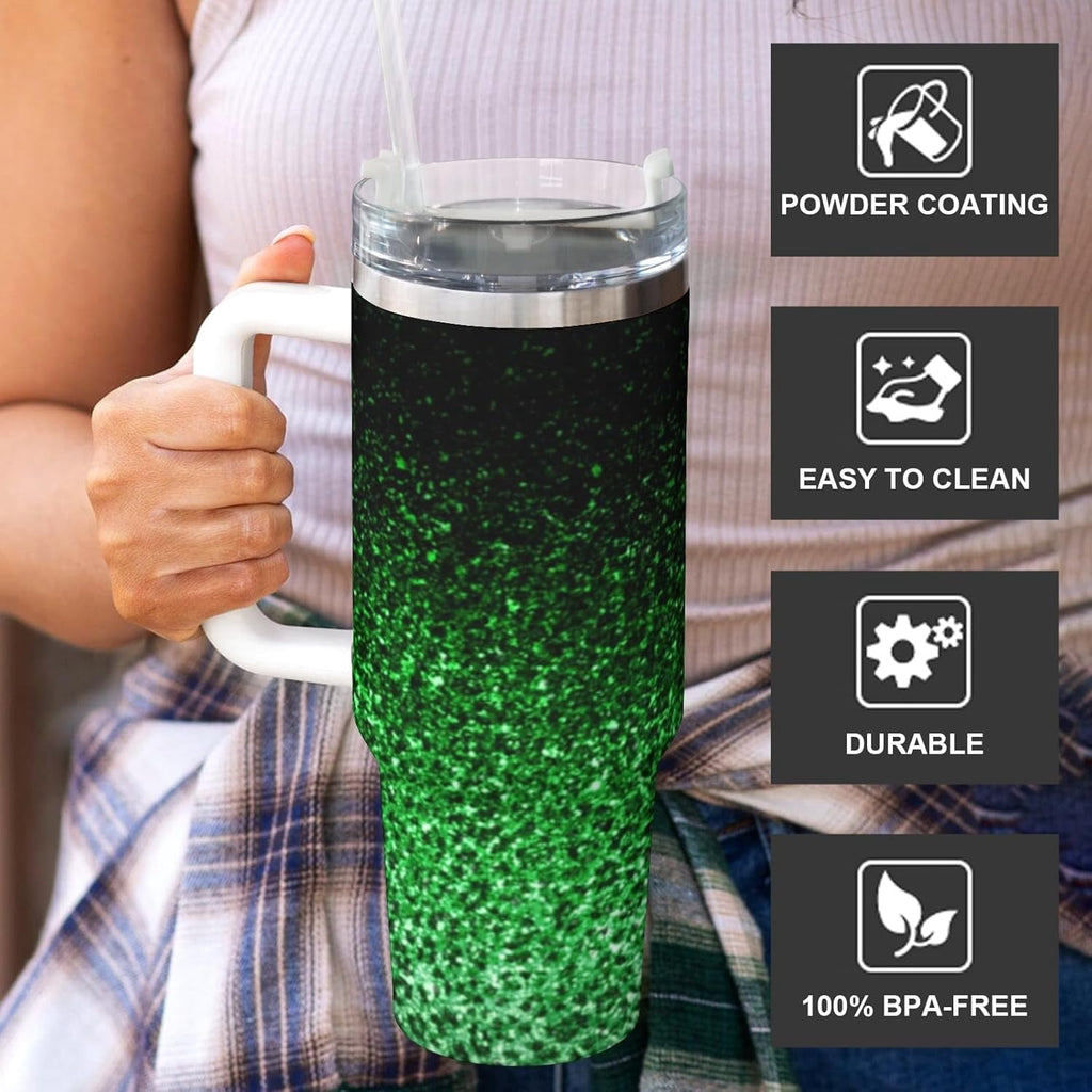 Ombre Leopard Glitter 40 oz Insulated Double Wall Stainless Steel Tumbler with Handle and Straw, Lid, Large Travel Mug Fits in Cup Holder, Cup Gift for Women(Green)