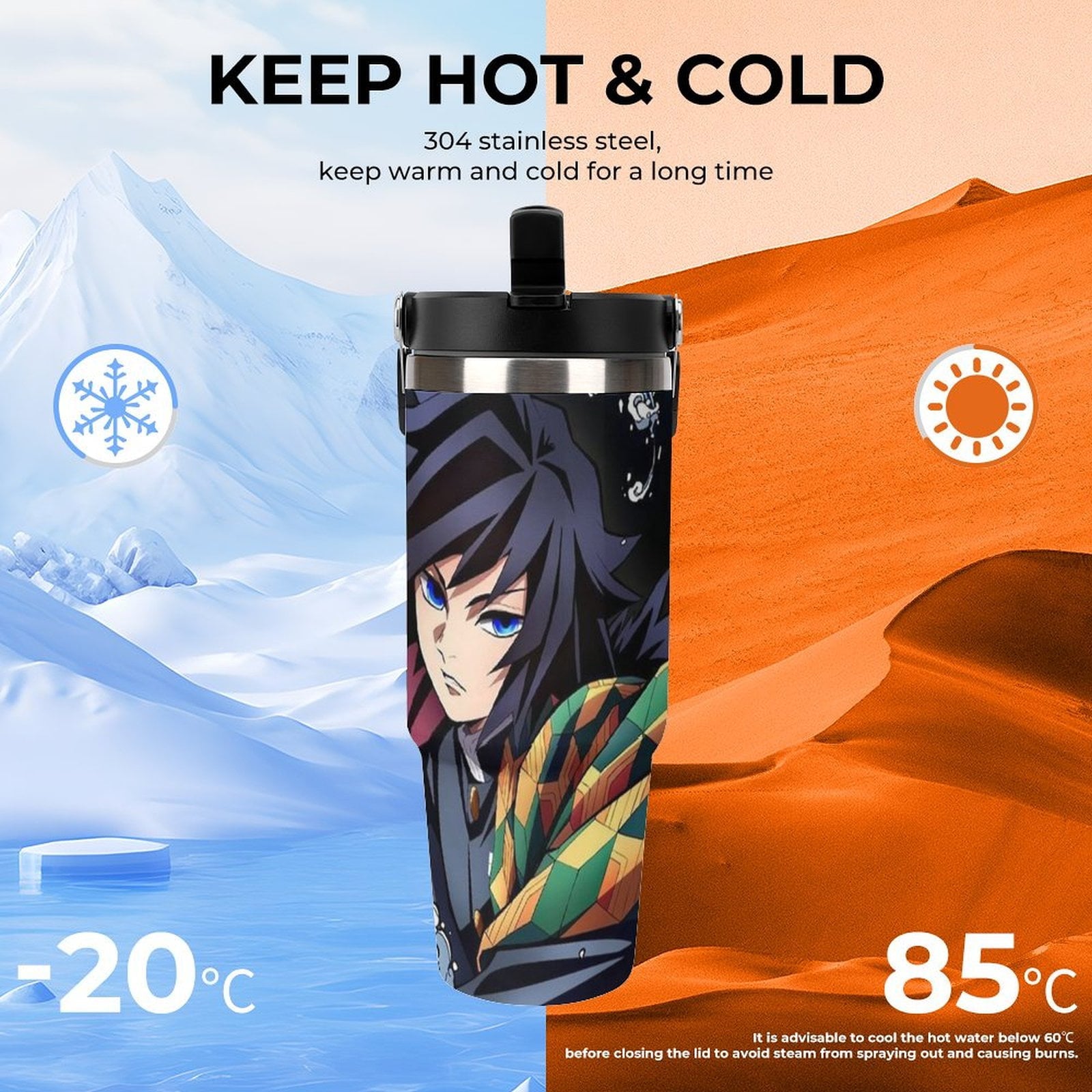 30oz Tumbler with Handle And Flip Straw Lid Demon Slayer Tomioka Giyuu Stainless Steel Bottle Double Wall Insulated Travel Coffee Mug
