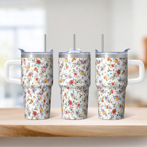 20oz Elegant Floral Vintage Spring Tumbler with Handle and Straw, Chinoiserie Bloom Pattern Coffee Cup, Insulated Travel Mug