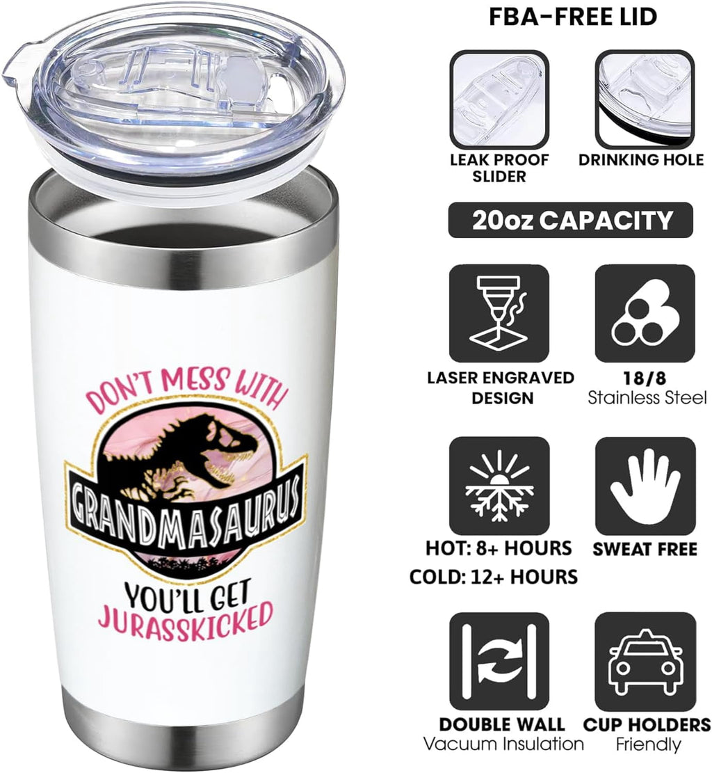 20oz Grandma Tumbler Lid And Straw Grandmasaurus Cup, Mother''s Day Gifts for Grandmother, Birthday Gift for Mimi, Best Gigi Ever Gift, Nana Coffee Cup Stainless Steel Mugs