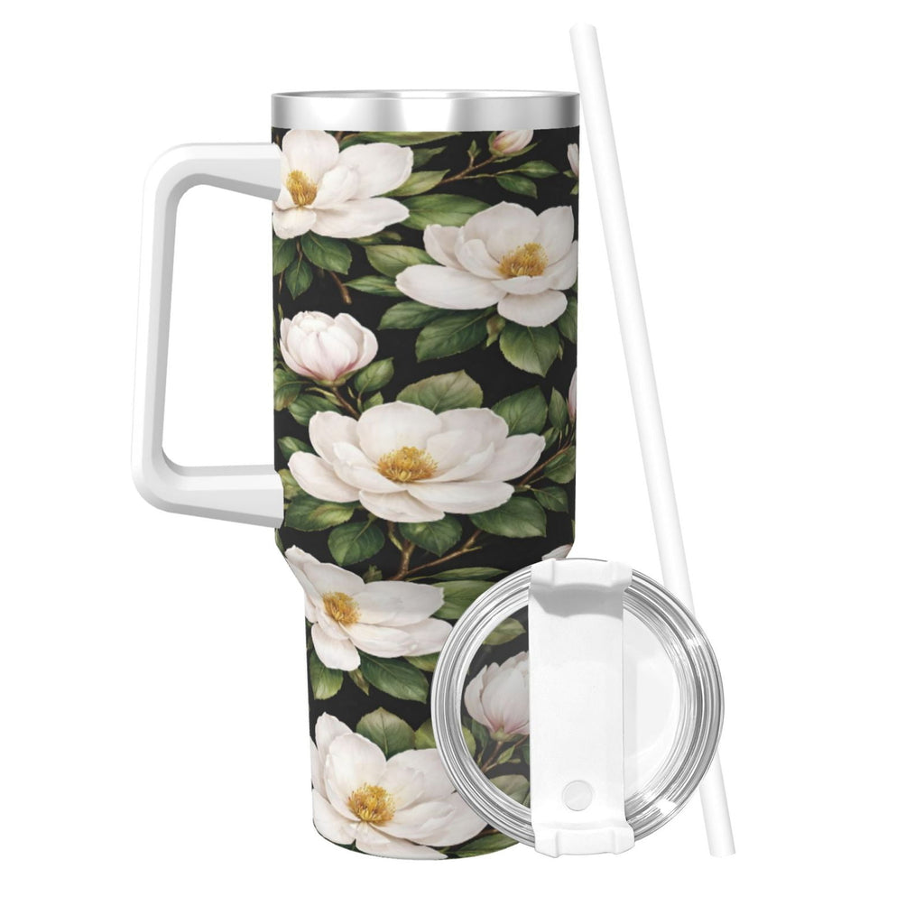 White Magnolia Floral Cup Insulated Tumbler Stainless Steel Vacuum Travel Mug 40 oz with Handle and Straw Lid