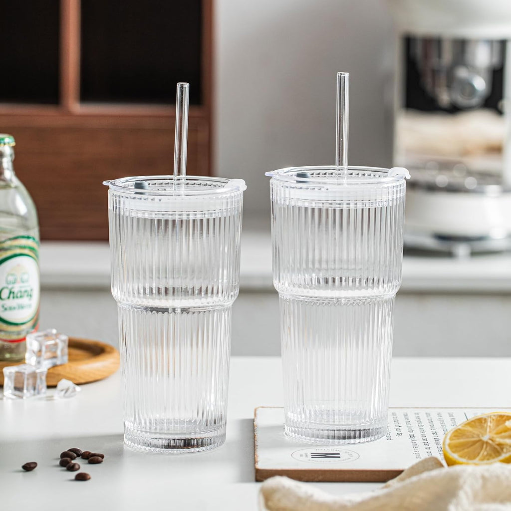 20 oz Ribbed Glass Tumblers with Lids and Glass Straws – 4-Piece Glassware Set, Thickened Glass, Ideal for Iced Coffee, Smoothies, Cocktails, and Juices – Elegant and Durable Drinkware