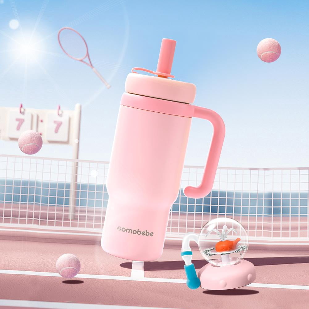 Stainless Steel Whale Fountain Tumbler, 24oz Insulated Whale Water Bottle with Handle， Two Lids, Spill-Proof, Dishwasher Safe, Cute & Perfect for Kids, Teens, and Adults