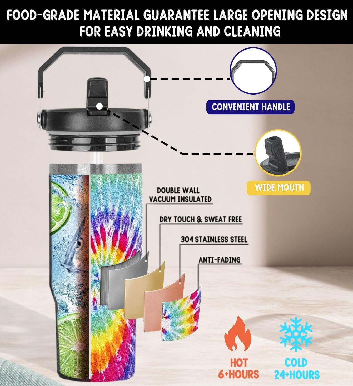 30oz Tie Dye Print Tumbler with Handle Flip Straw Tie Dye Print Coffee Mug with Handle Leak Proof Insulated Tumbler Tie Dye Gifts for Women