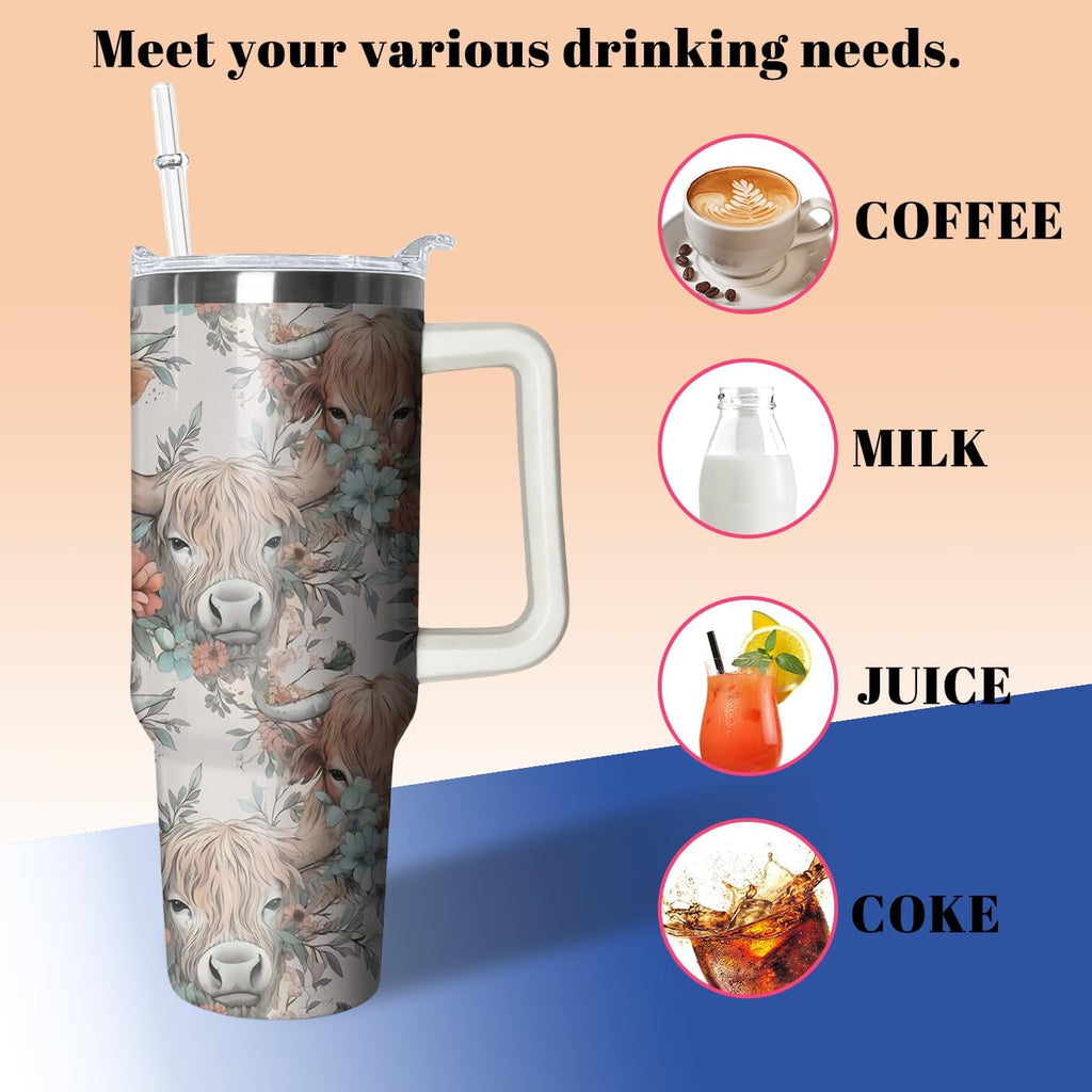 40oz Cute Highland Cow Tumbler with Handle and Straw, Animal Lovers Gifts for Women, Cattle Stainless Steel Travel Mug Water Bottle, Vacuum Insulated Cup with Lid