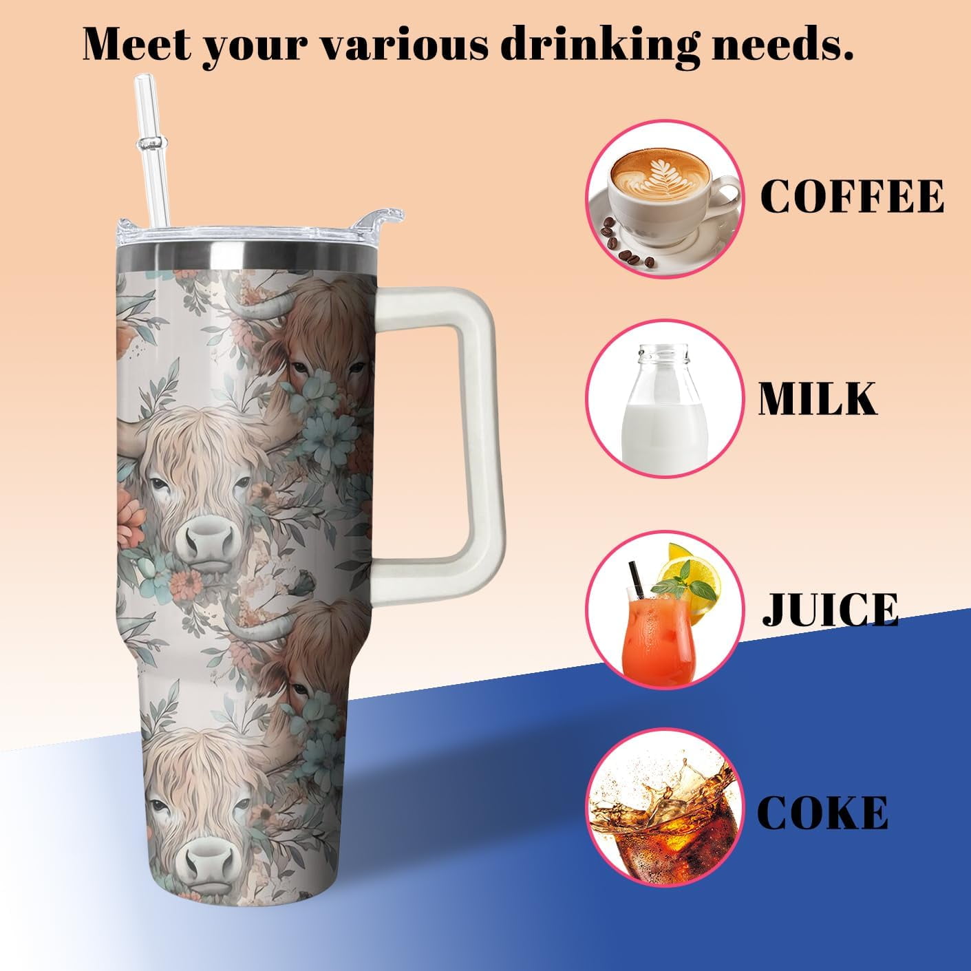 40oz Cute Highland Cow Tumbler with Handle and Straw, Animal Lovers Gifts for Women, Cattle Stainless Steel Travel Mug Water Bottle, Vacuum Insulated Cup with Lid