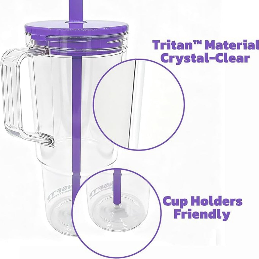 40 oz Insulated Clear Tumbler with Handle, Lid, and Straw — Reusable, Suitable for Hot & Cold Drinks, Double-Walled Plastic Water Bottle | Crystal Clear | Purple