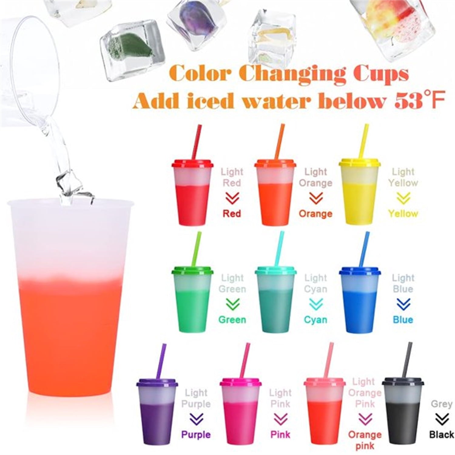 Casewin 10Pcs Color Changing Cups with Lids & Straws - 12 oz Cute Reusable Plastic Tumblers Bulk |Party Funny Tumbler Ice Cold Drinking Cup for Kids & Adults
