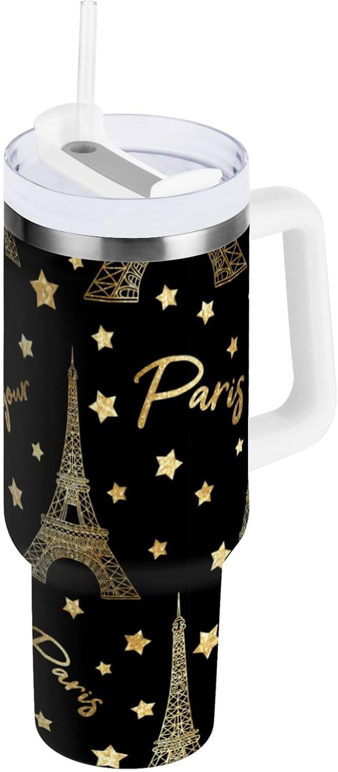 Eiffel Tower Tumbler Handle Lid and Straw Gold Glitter Stars Water Bottle Stainless Steel Coffee Travel Tumbler Mug Cup Gifts for Men Women 40oz