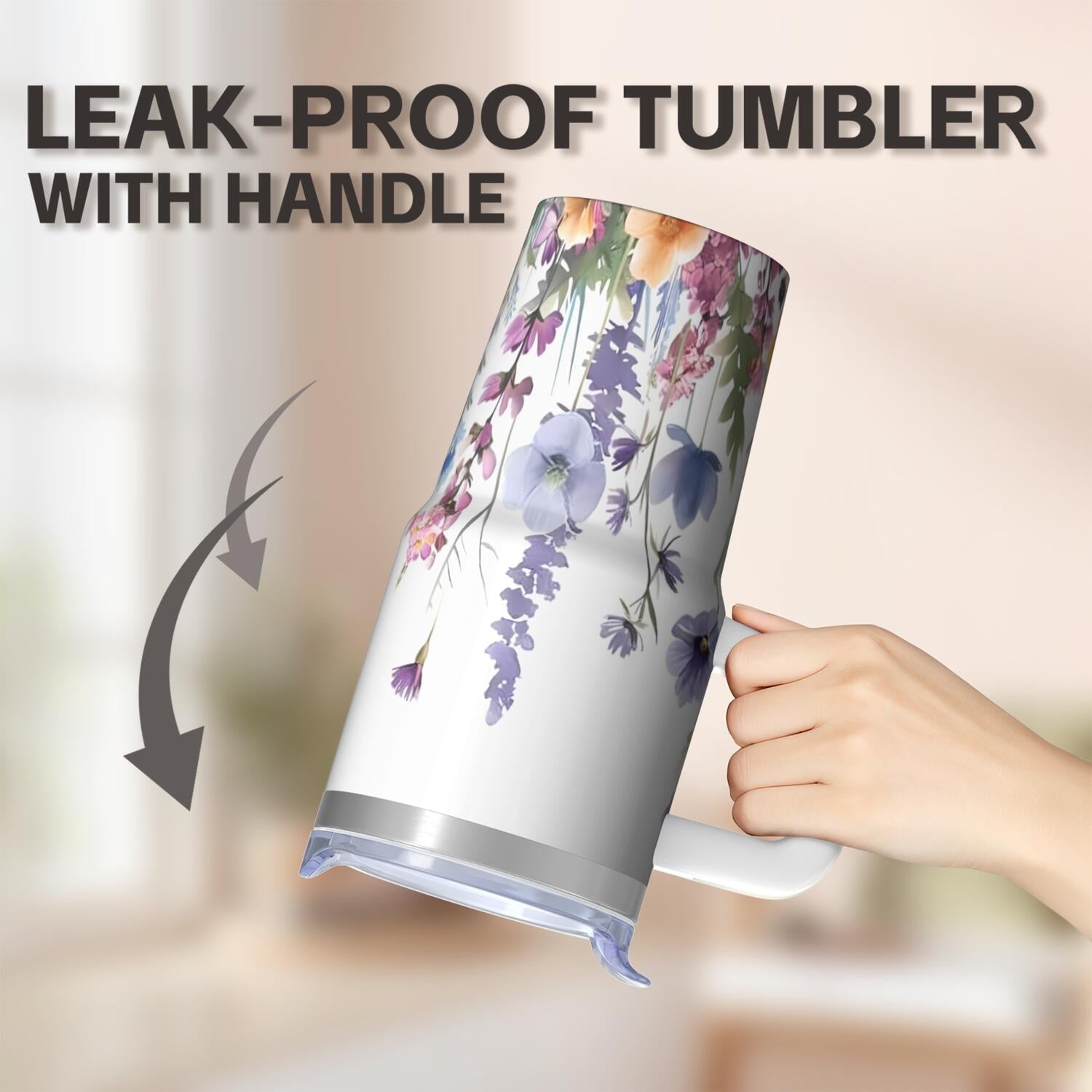 20oz Floral Design Cup with Handle, Insulated Stainless Steel Travel Tumbler, Comes with Straw and Leak-proof Cover, Her New Favorite