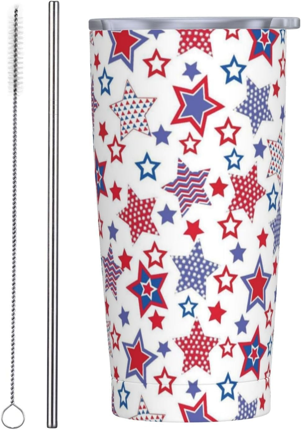 American Flag Star Tumbler with Lid and Straw Stars 20oz Insulated Stainless Steel Cup Red Blue Travel Coffee Mug Water Bottle for Women Gift for Birthday Christmas