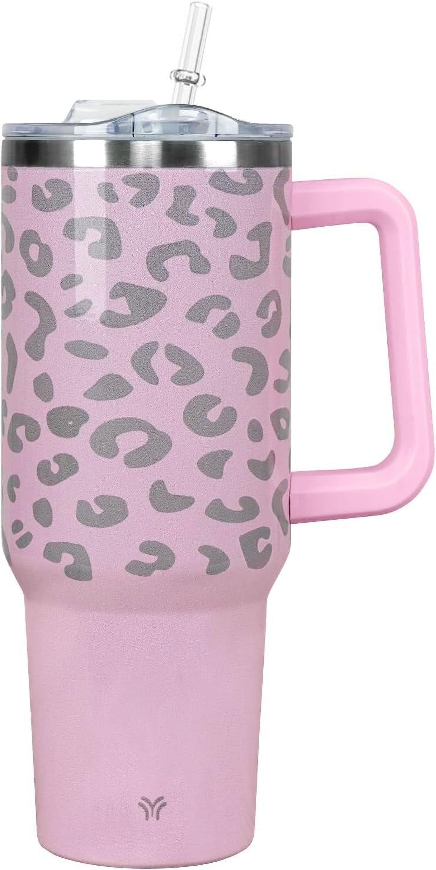 40oz Tumbler with Handle and Straw Lid | Vacuum Insulated Leak Proof Tumbler | Stainless Steel Travel Mug Water Bottle Cup Keeps Cold & Hot | Cream Leopard - Insulated Tumbler