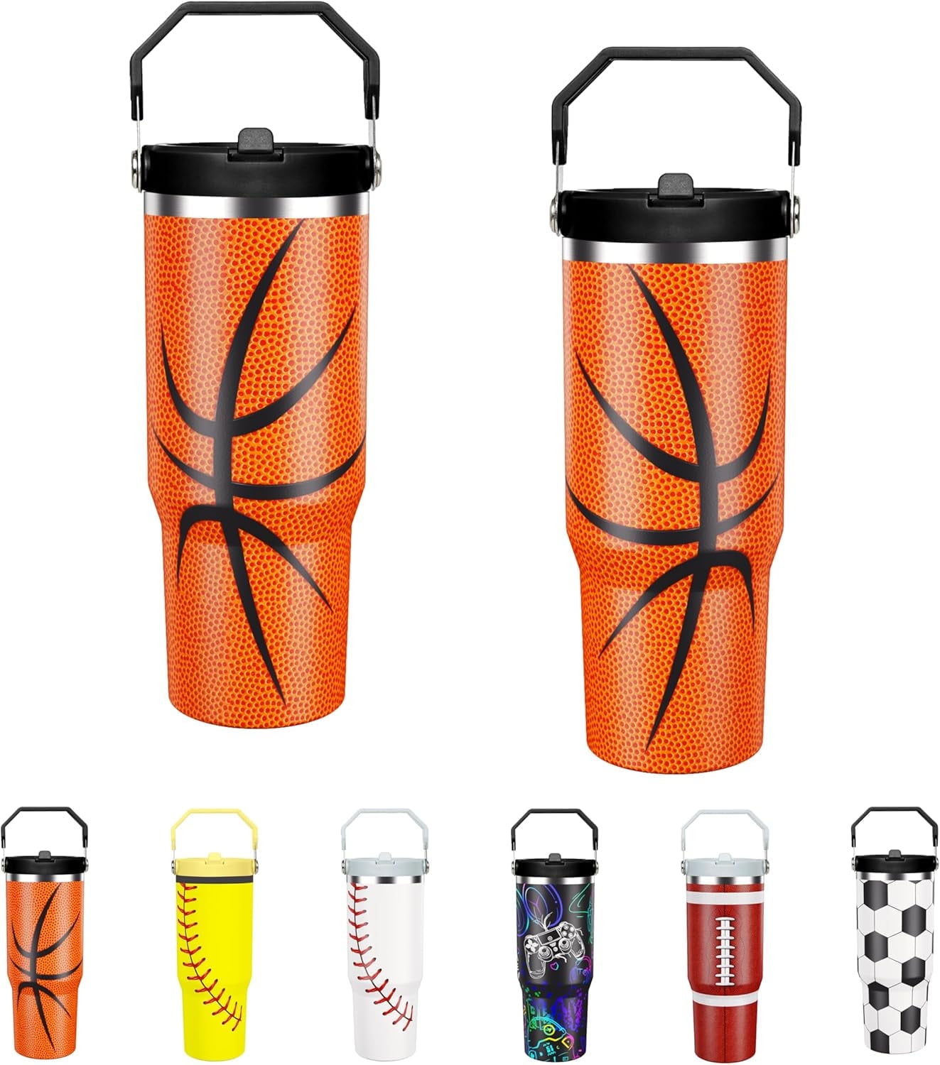 Football Lover Gift 30 oz Flip Straw Tumbler with Top Handle Football Pattern BPA-Free Leak Proof Stainless Steel Insulated Vacuum Flip Top Water Bottle for Sporting Working - Insulated Tumbler