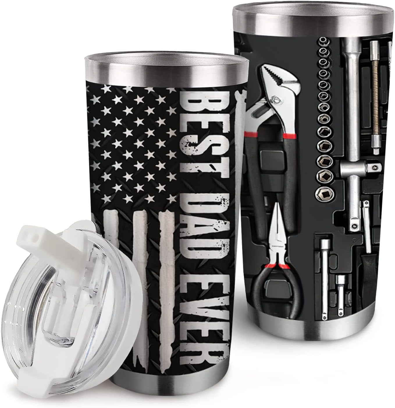 Best Dad Ever Insulated Vacuum Tumbler with Lid, Father''s Day Gifts for Dad Papa Grandpa, Mechanic Toolbox American Flag Funny Stainless Steel Double Wall Cup, 20 oz Travel Detachable Straw Mug