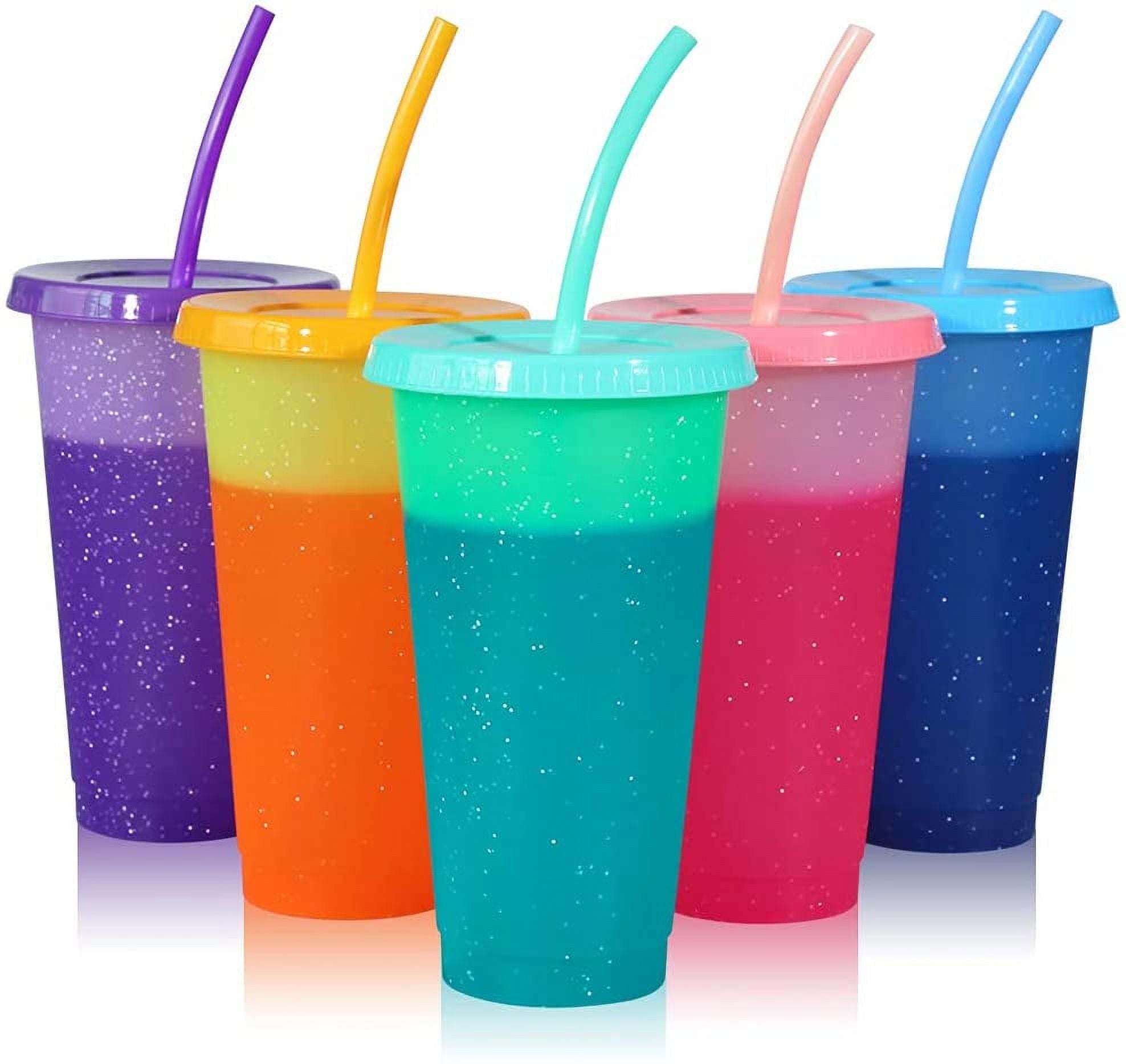 Color Changing Cups with Lid & Straw - 5 Pack Confetti Reusable Plastic Tumblers / 24oz Party Ice Cold Drinking Straw Cup for Kids Adults