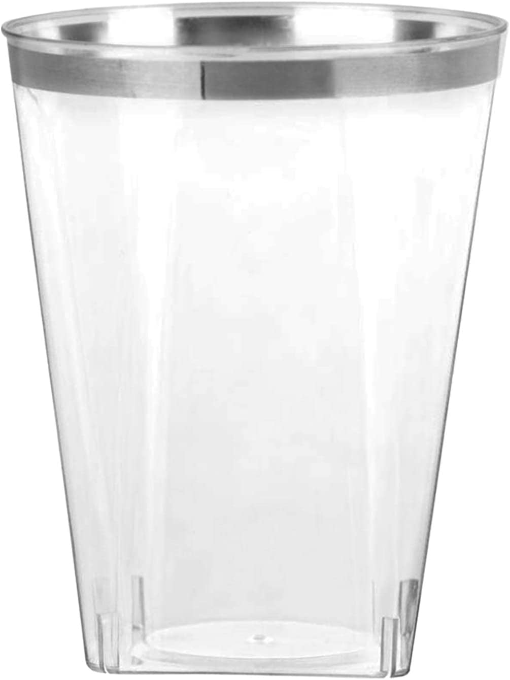 Disposable 10 oz Square Crystal Clear Plastic Tumblers with Silver Rim - Elegant Disposable Hard Plastic Cups Silver Rimmed - For Party, Weddings, Baby Showers, Events, Fancy Catering Cups (100 Pack)