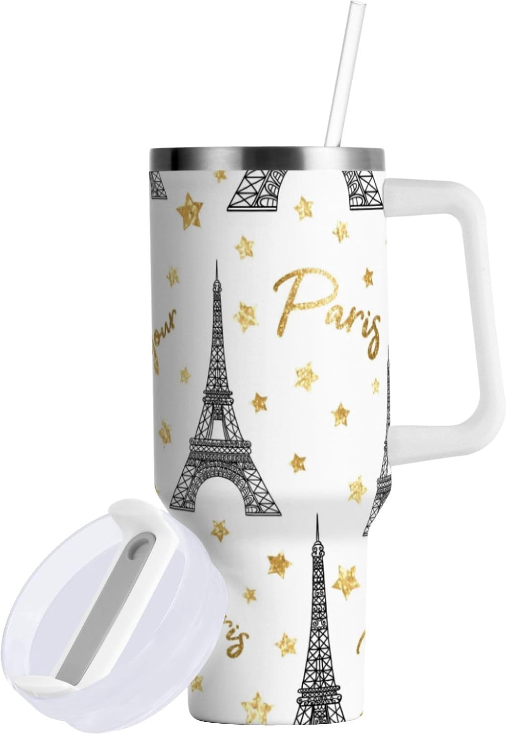 Eiffel Tower Tumbler Handle Lid and Straw Gold Glitter Stars Water Bottle Stainless Steel Coffee Travel Tumbler Mug Cup Gifts for Men Women 40oz - Tumbler
