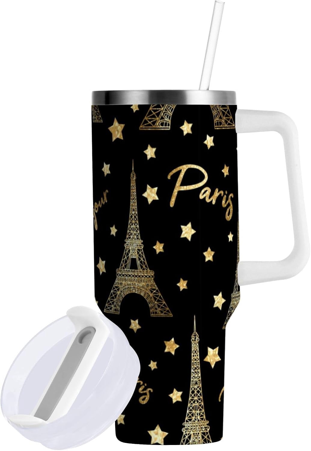 Eiffel Tower Tumbler Handle Lid and Straw Gold Glitter Stars Water Bottle Stainless Steel Coffee Travel Tumbler Mug Cup Gifts for Men Women 40oz