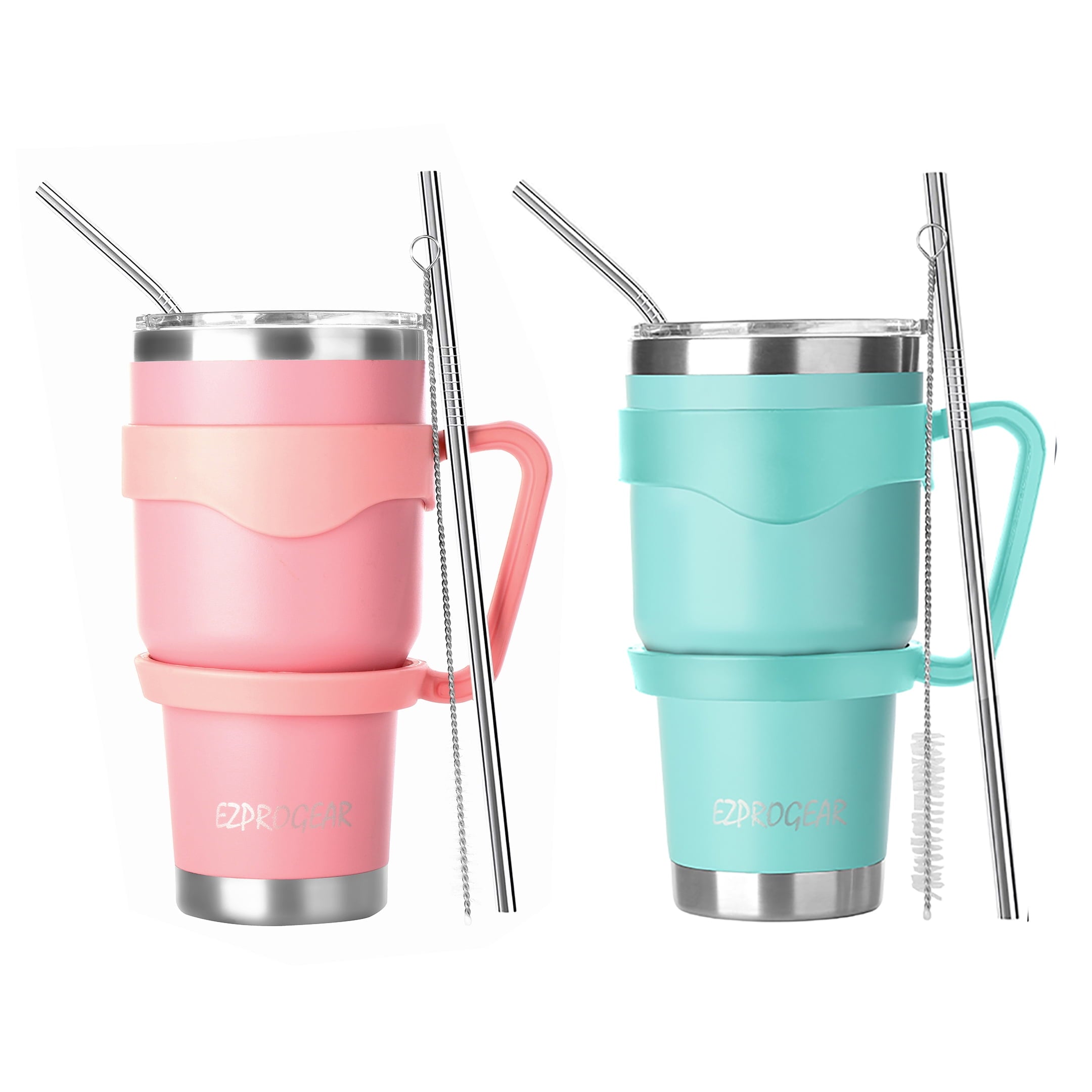 Ezprogear 30 oz 2 Pack Stainless Steel Tumbler Double Wall Travel Cup Vacuum Insulated Coffee Mug with Handle & Straws (Mango & Mint) - Insulated Tumbler