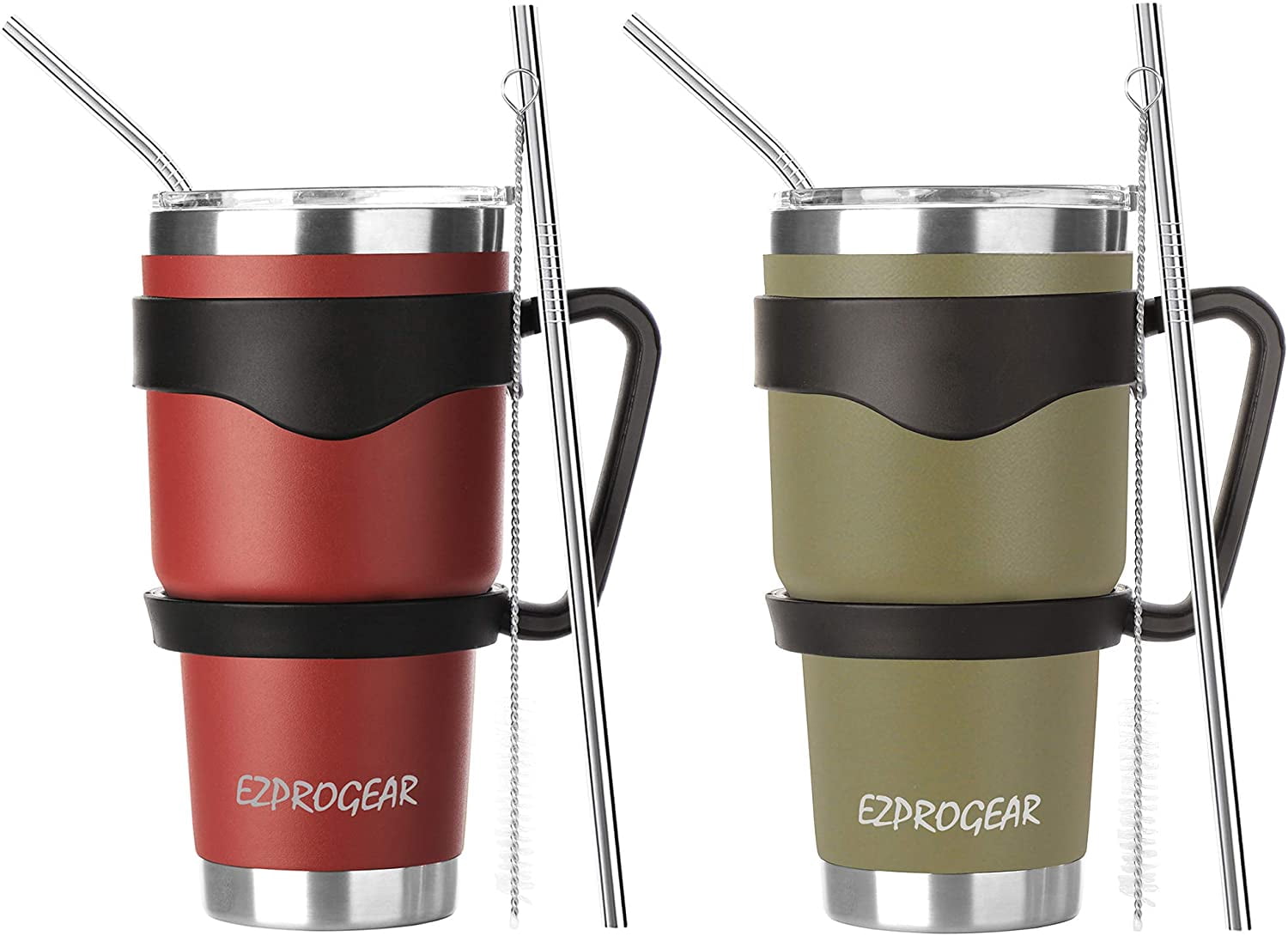 Ezprogear 30 oz 2 Pack Stainless Steel Tumbler Double Wall Travel Cup Vacuum Insulated Coffee Mug with Handle & Straws (Mango & Mint) - Tumbler