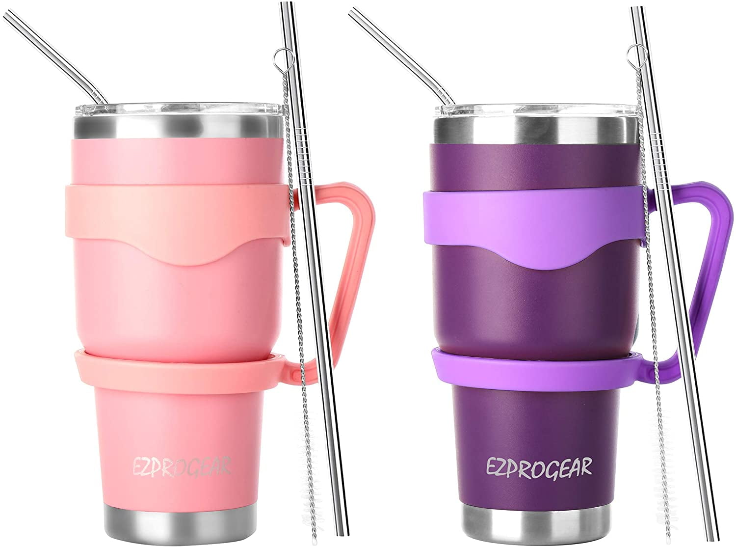 Ezprogear 30 oz 2 Pack Stainless Steel Tumbler Double Wall Travel Cup Vacuum Insulated Coffee Mug with Handle & Straws (Mango & Mint) - Insulated Tumbler