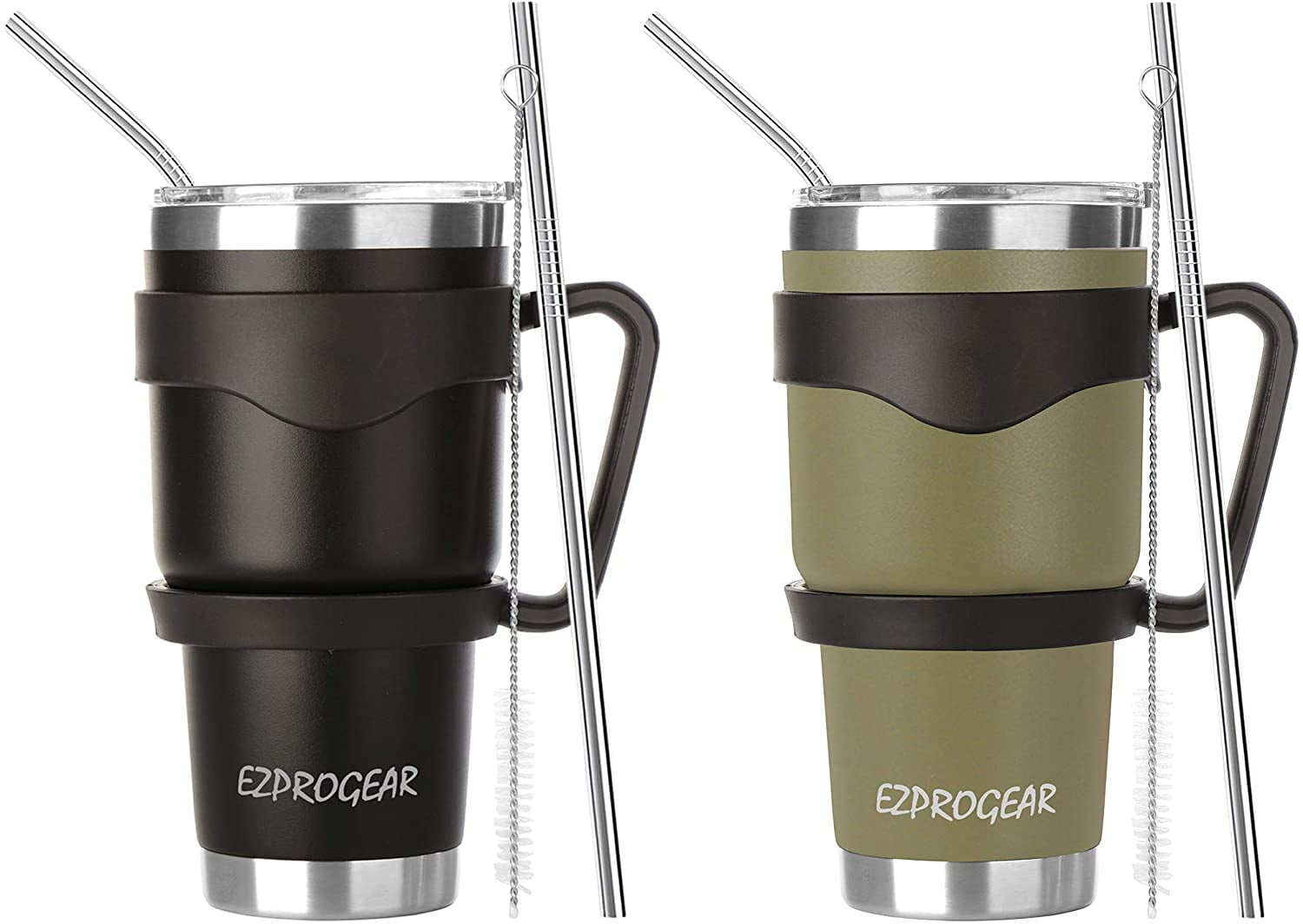 Ezprogear 30 oz 2 Pack Stainless Steel Tumbler Double Wall Travel Cup Vacuum Insulated Coffee Mug with Handle & Straws (Mango & Mint) - Insulated Tumbler