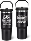 Father''s Day Gifts for Dad 30oz Tumbler with Handle and Straw Vacuum Insulated Water Bottle Stainless Steel, Leak Proof Travel Mug Proud Papa Cup for Men Birthday Christmas Gift from Daughter Son