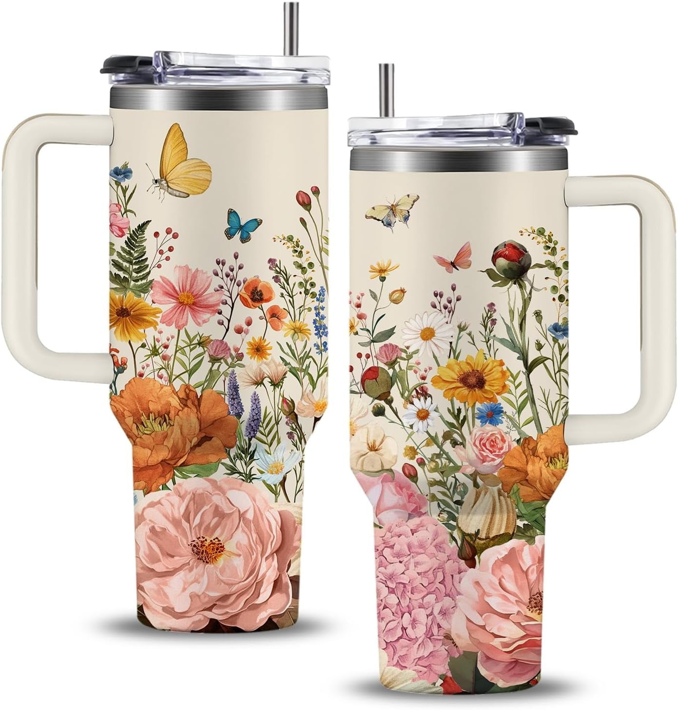 Vintage Wildflower Tumbler with Handle Lid Straw 40 Oz Spring Floral Stainless Steel Cup Retro Colorful Flower Travel Mug Iced Coffee Hot Drink Tumbler for Women Girls Gifts Party Favor - Tumbler